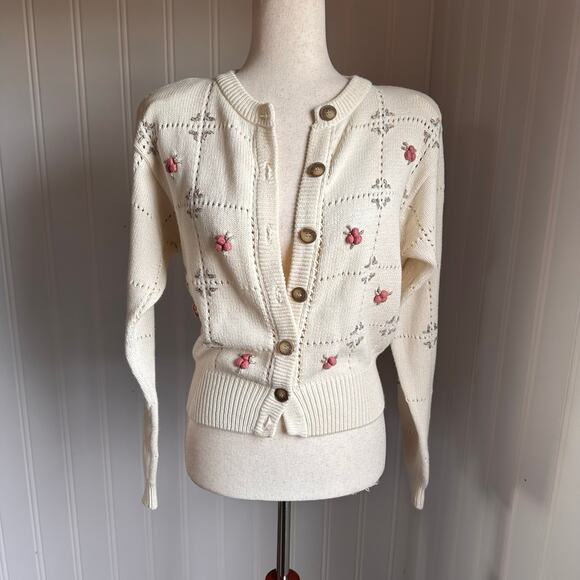 Vintage 90s Cottagecore Eyelet Floral Cardigan S - Picture 2 of 8